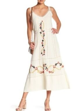 Nanette Lepore Cream Maxi Dress with Pink & Green Floral Embroidery